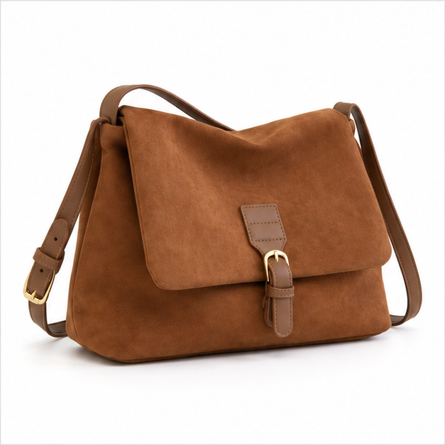 Coffee Suede Buckle Crossbody Shoulder Bag-1