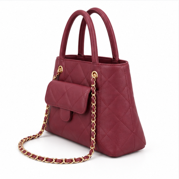 Burgundy Quilted Chain Handle Tote Bag-3