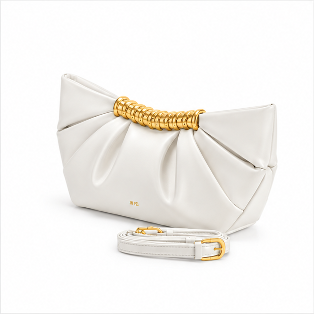 White Pleated Gold Accent Clutch Bag-3