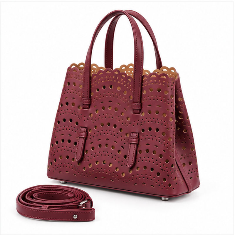 Burgundy Laser Cut Structured Tote Handbag-3