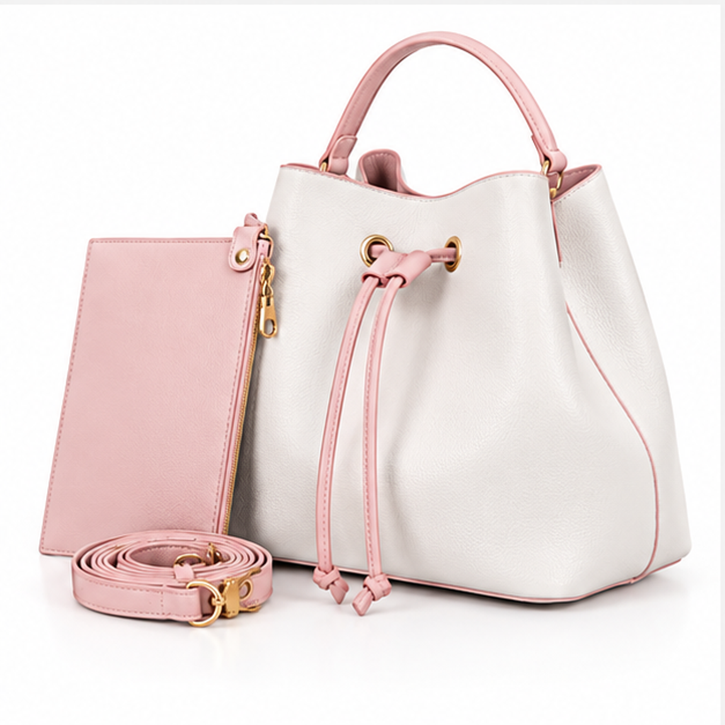 White Pink Drawstring Bucket Handbag Set-3