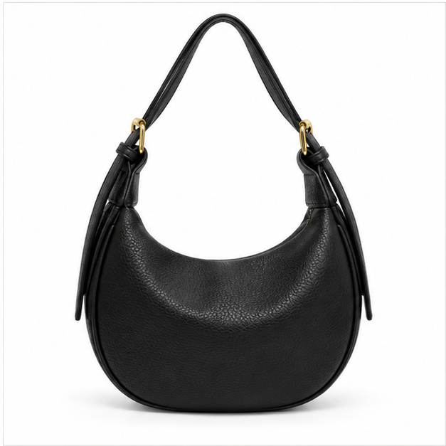 Black Pebbled Leather Crescent Shoulder Bag-2
