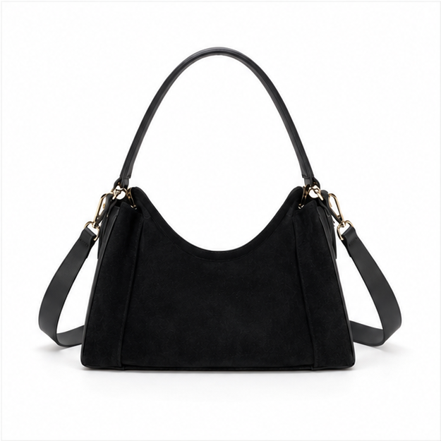 Black Suede Shoulder Bag With Strap-2
