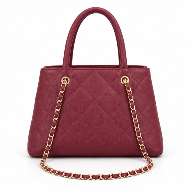 Burgundy Quilted Chain Handle Tote Bag-2