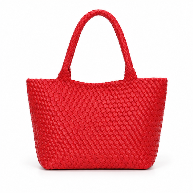 Red Woven Tote Bag With Pouch-2