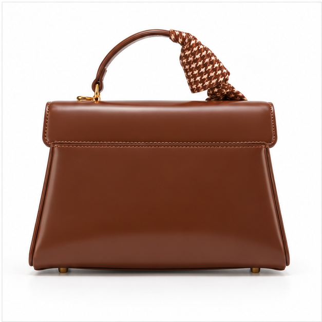 Elegant Brown Scarf Accent Structured Handbag-2