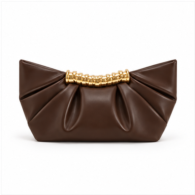 Chocolate Pleated Gold Handle Shoulder Bag-2