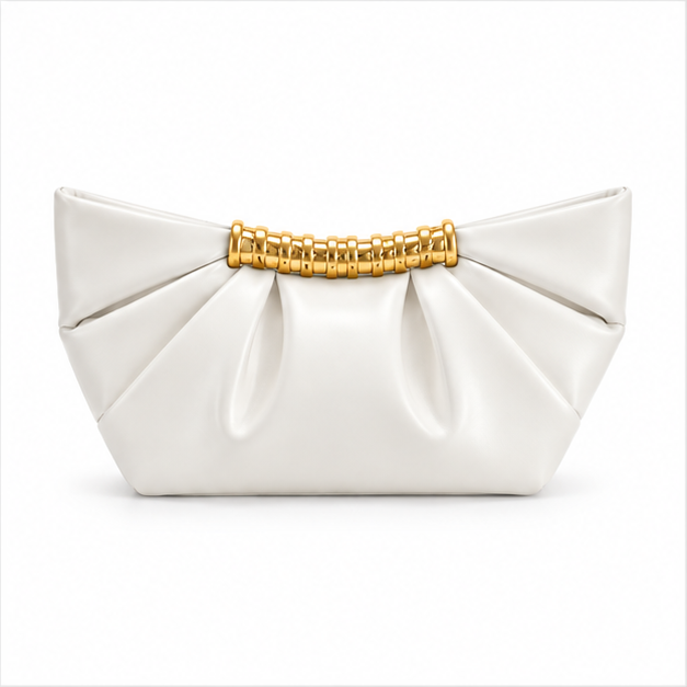 White Pleated Gold Accent Clutch Bag-2