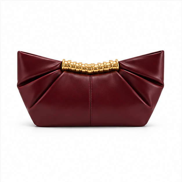 Burgundy Pleated Gold Handle Evening Bag-2