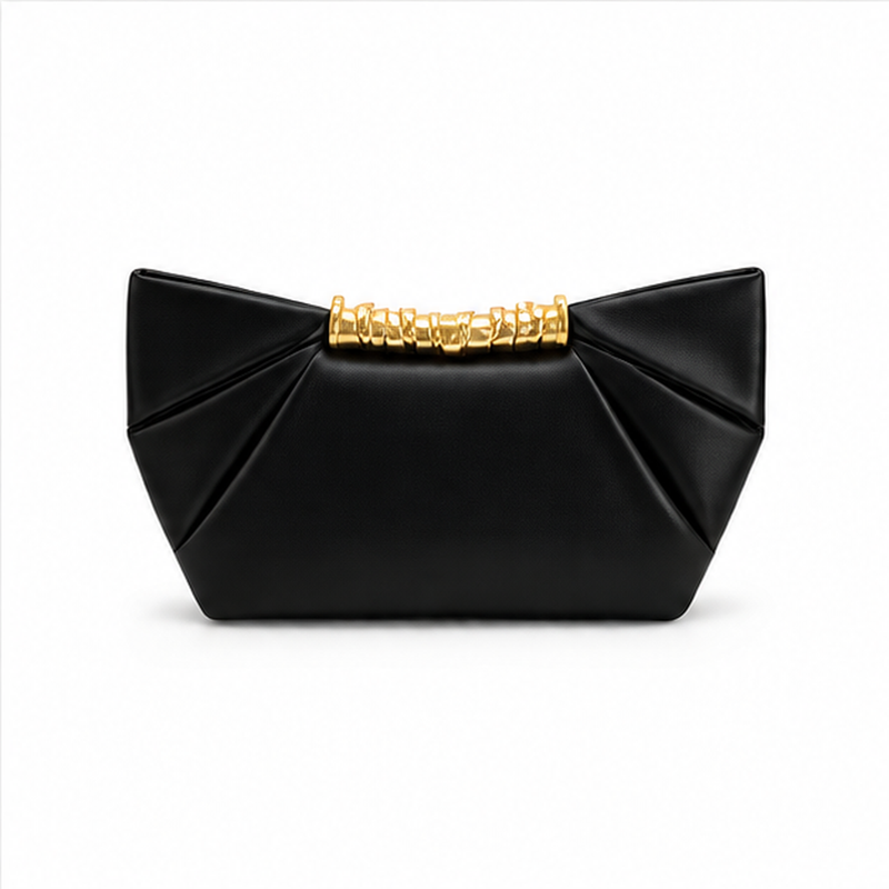 Black Pleated Gold Accent Clutch Bag-2
