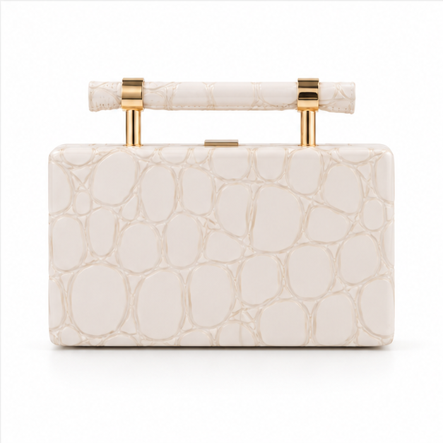 Ivory Croc Embossed Structured Clutch Bag-2