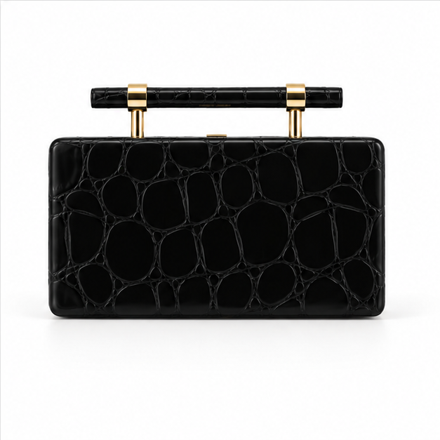 Black Crocodile Texture Structured Clutch Bag-2