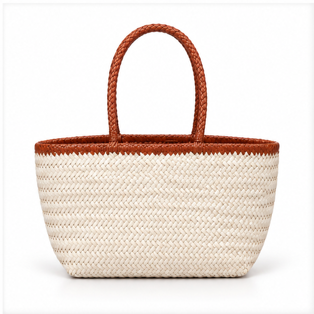 Ivory Woven Tote With Brown Handles-2