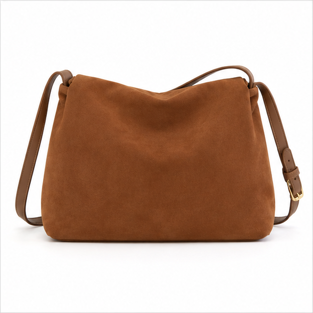 Coffee Suede Buckle Crossbody Shoulder Bag-2