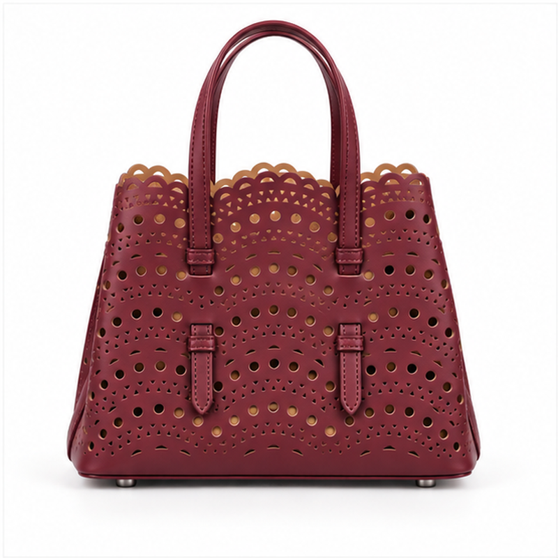 Burgundy Laser Cut Structured Tote Handbag-2