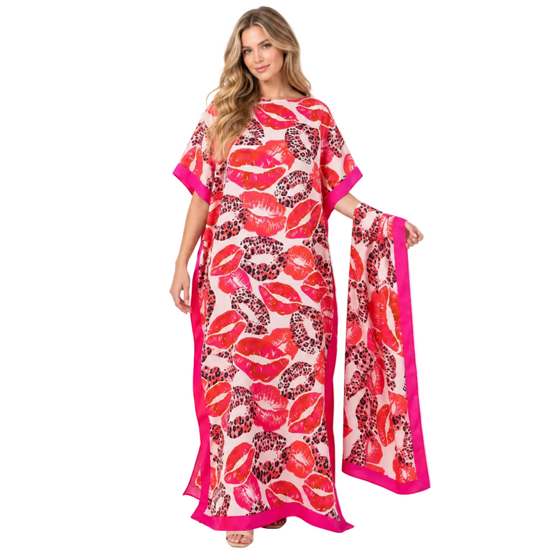 Pink Lip Print Silk Satin Kaftan-1