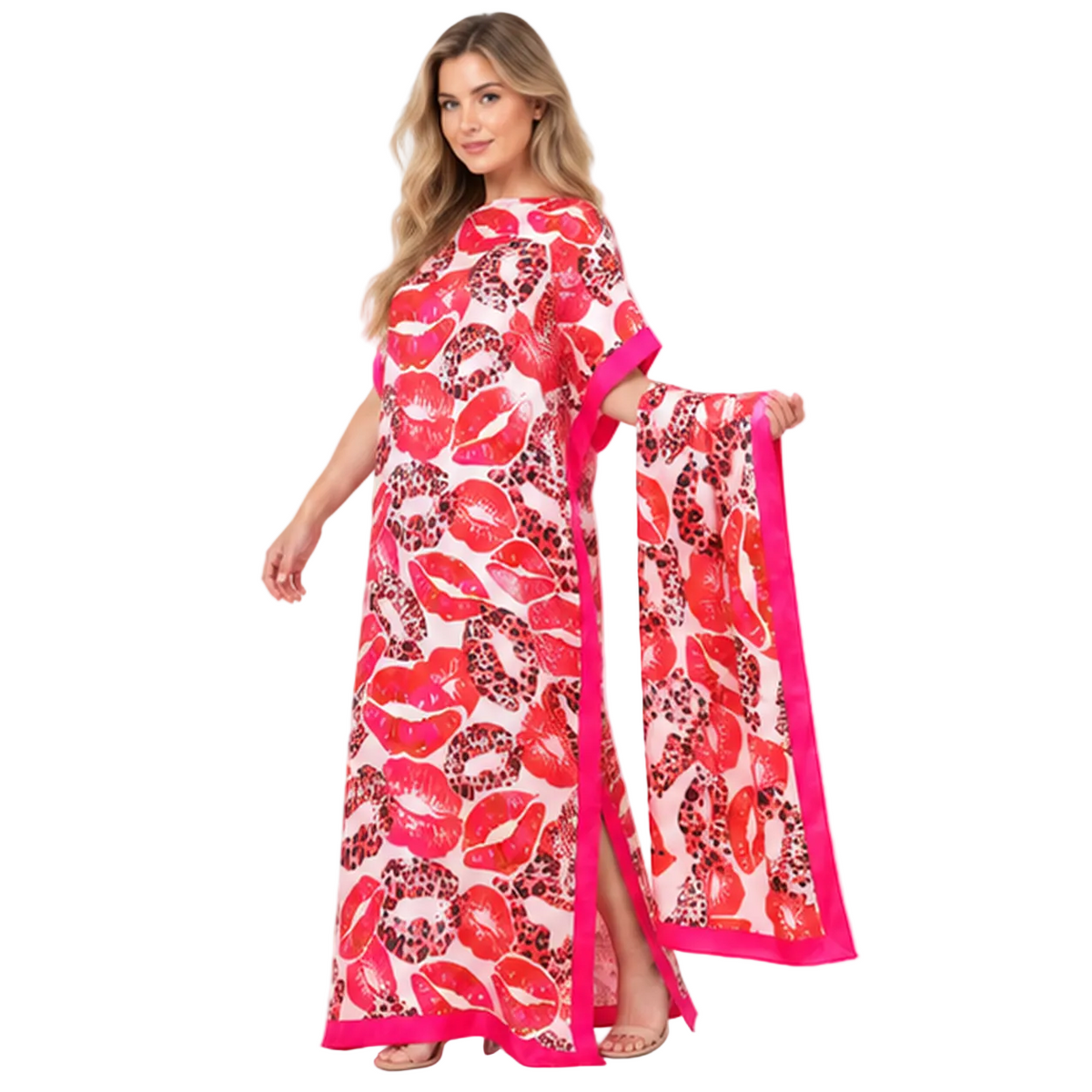 Pink Lip Print Silk Satin Kaftan-3