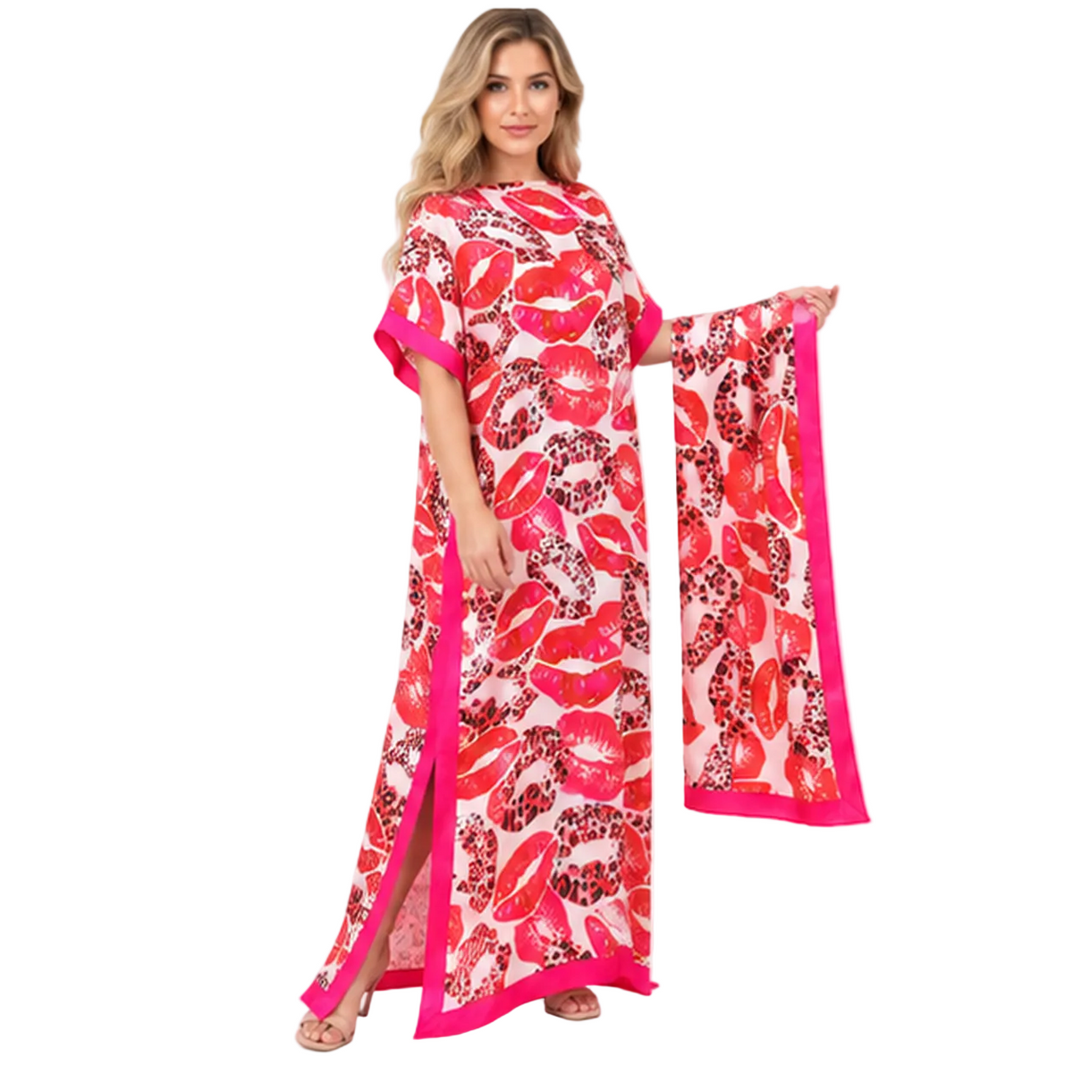 Pink Lip Print Silk Satin Kaftan-2