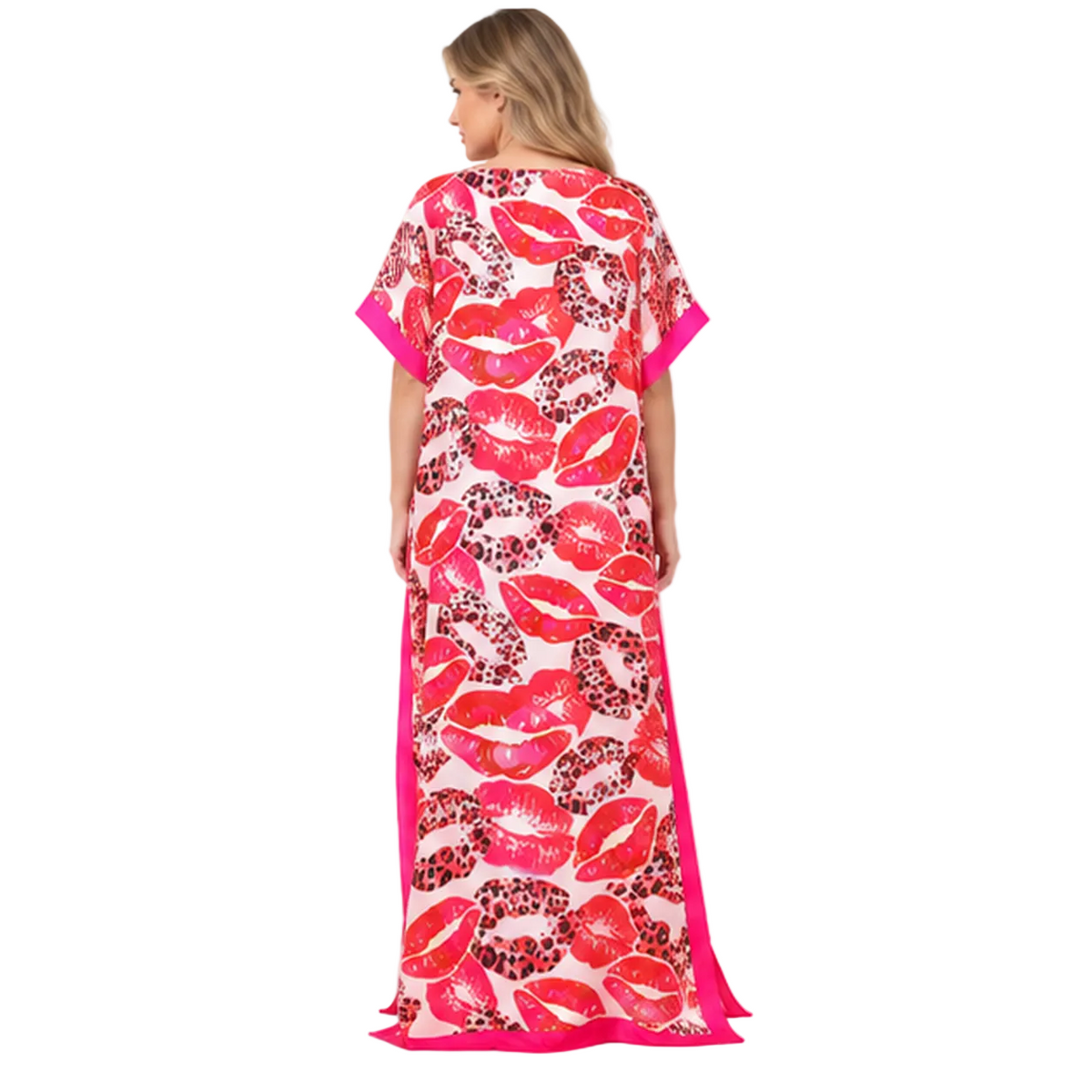 Pink Lip Print Silk Satin Kaftan-4