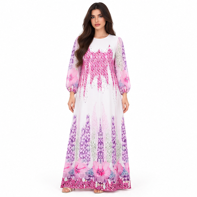 White Kaftan With Rose Red Florals-1
