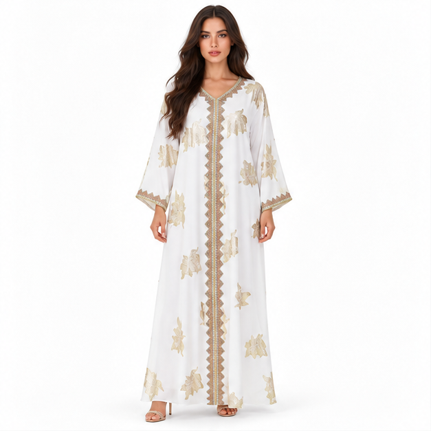 White Kaftan With Elegant Gold Embroidery-1