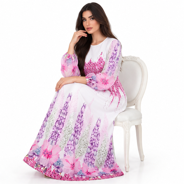 White Kaftan With Rose Red Florals-3