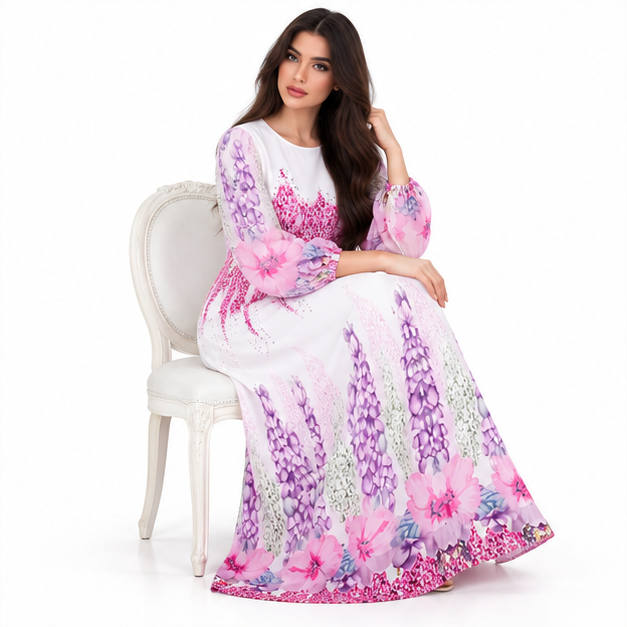 White Kaftan With Rose Red Florals-2