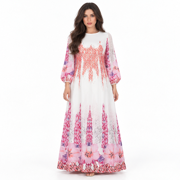 White Kaftan With Elegant Floral Patterns-1