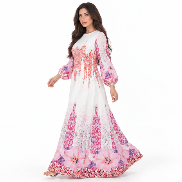 White Kaftan With Elegant Floral Patterns-3
