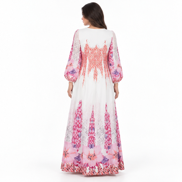 White Kaftan With Elegant Floral Patterns-4