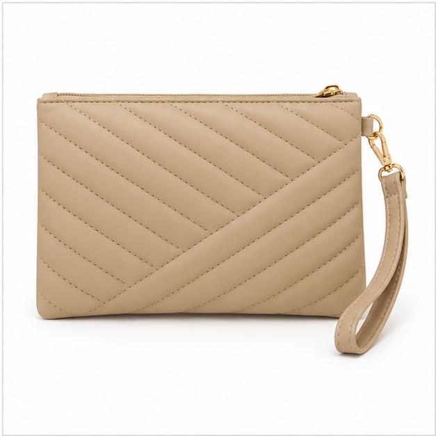 Khaki Quilted Chevron Wristlet Clutch Bag-2