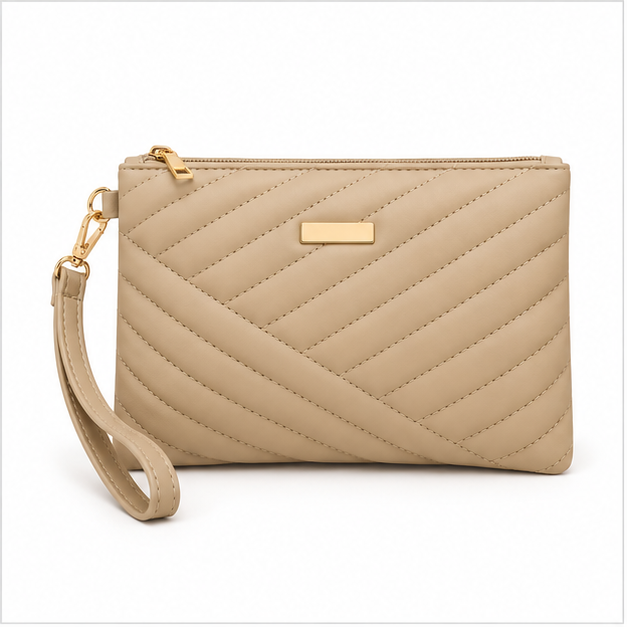 Khaki Quilted Chevron Wristlet Clutch Bag-4
