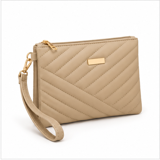 Khaki Quilted Chevron Wristlet Clutch Bag-1