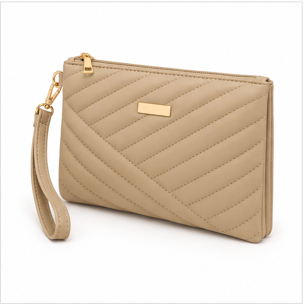 Khaki Quilted Chevron Wristlet Clutch Bag-3