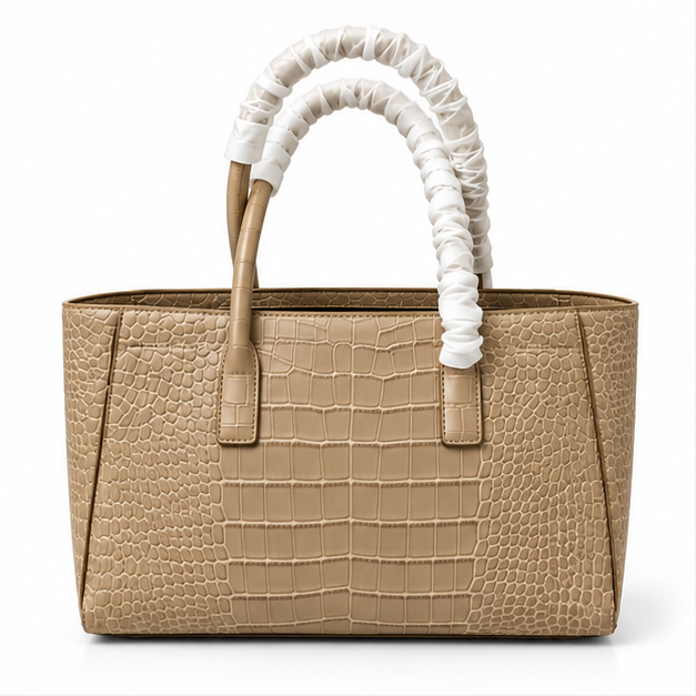 Khaki Crocodile Texture Structured Tote Bag-4