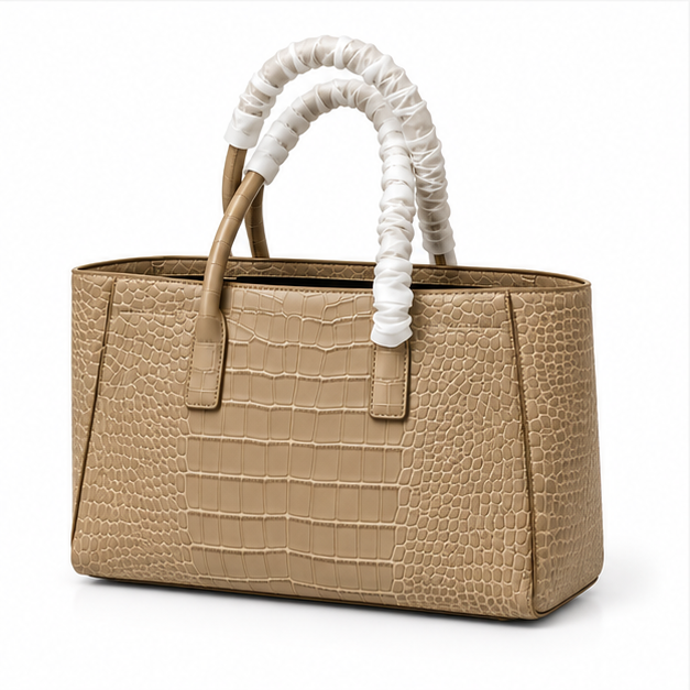 Khaki Crocodile Texture Structured Tote Bag-3