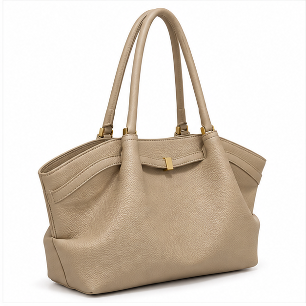 Khaki Pebbled Leather Elegant Shoulder Tote-1
