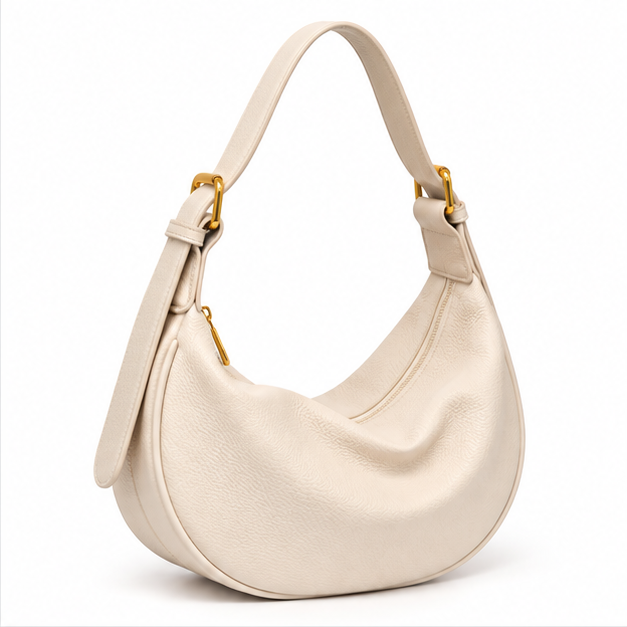 Beige Crescent Pebbled Leather Shoulder Bag-1