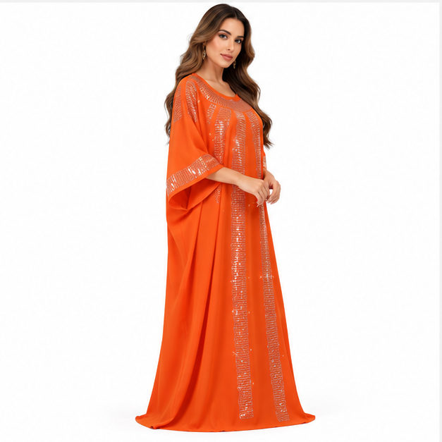 Orange Silver Embellished Flowing Women's Kaftan-2