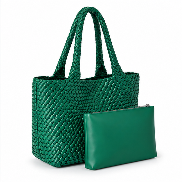 Dark Green Woven Tote Matching Pouch-1