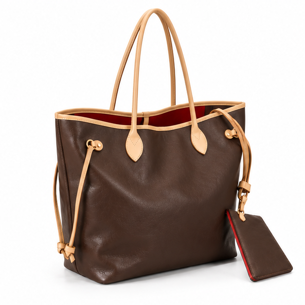 Classic Brown Leather Tote With Pouch-1