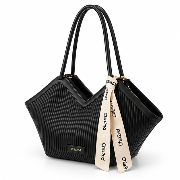 Pleated Winged Black Shoulder Tote Bag-3