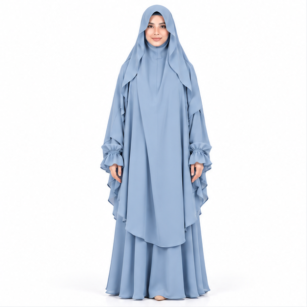 Elegant Light Blue Flowing Women's Khimar-1