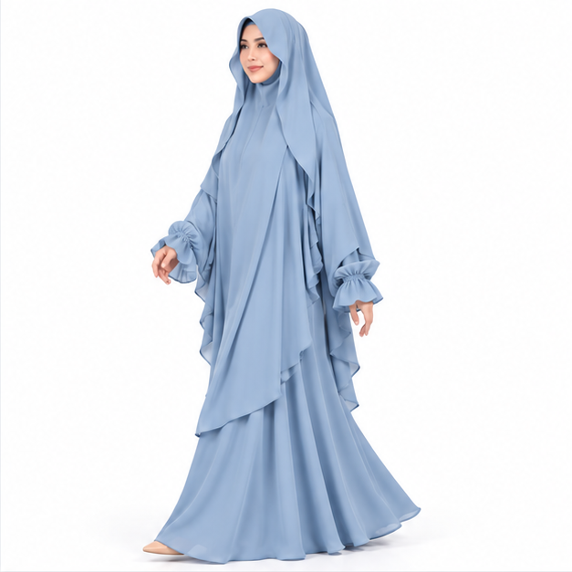 Elegant Light Blue Flowing Women's Khimar-3