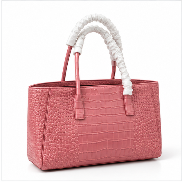Pink Croc Textured Structured Tote Handbag-1