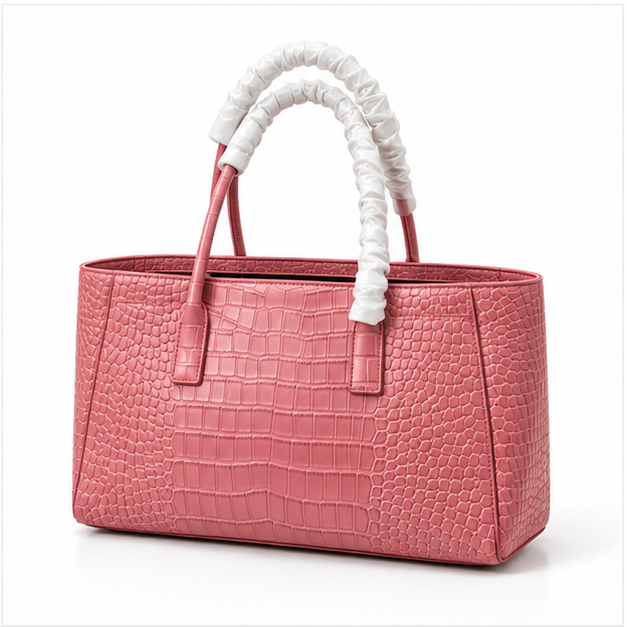 Pink Croc Textured Structured Tote Handbag-3
