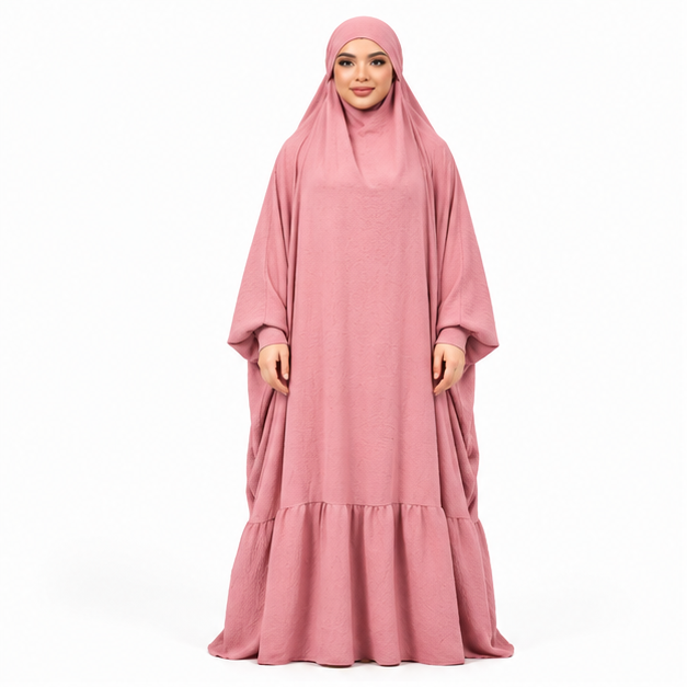 Elegant Pink Jilbab With Ruffled Hem-1