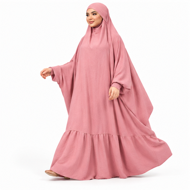 Elegant Pink Jilbab With Ruffled Hem-3