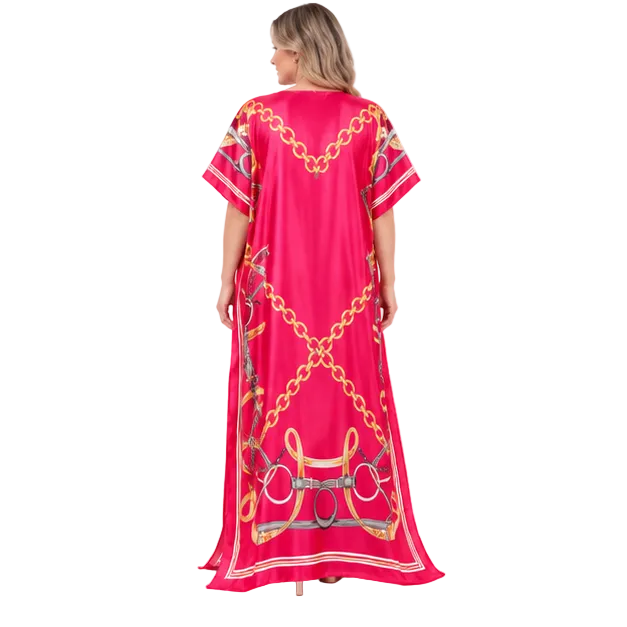 Elegant Red Chain Print Silk Satin Kaftan-4