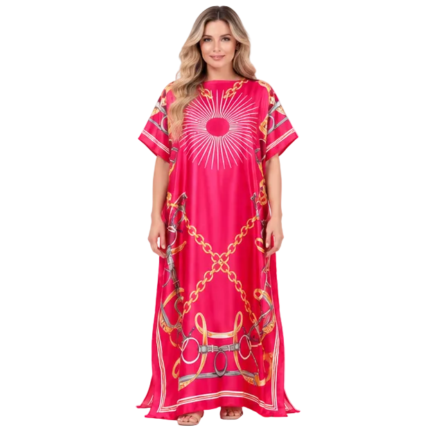 Elegant Red Chain Print Silk Satin Kaftan-1